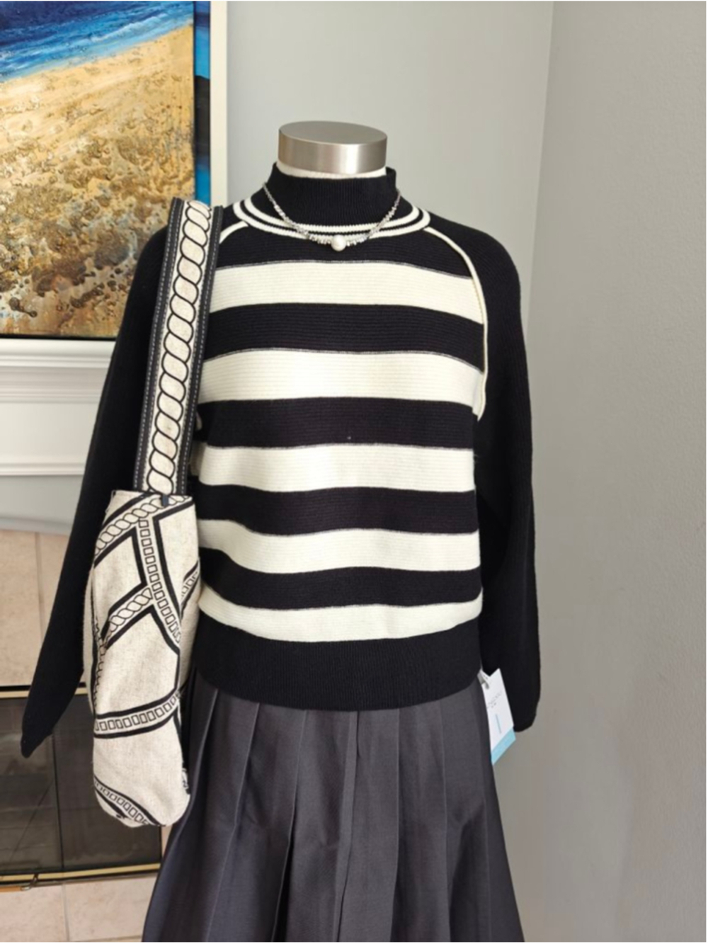 NWT Korean Black & White Striped Cotton Blend Knit Sweater | Mock Neck Minimalis